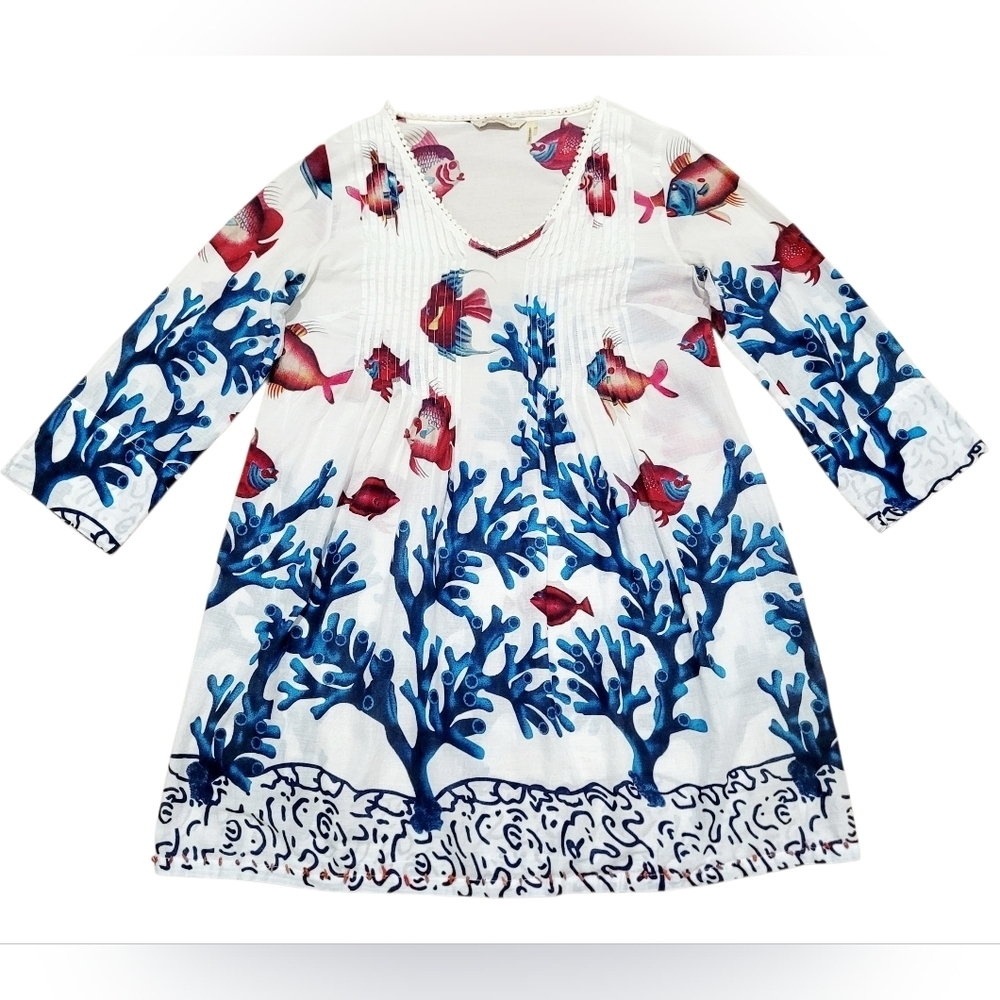 Soft Surroundings Oversized XS 100% Cotton Tunic Blouse Fish Coral Print Woman - Picture 3 of 13